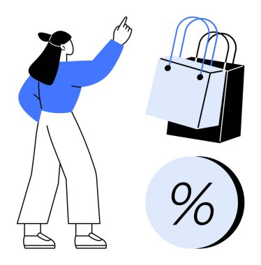Yukarı bakan bir kadın, iki alışveriş torbası ve yüzde indirim sembolünün yanında. Perakende, e-ticaret, satış promosyonu, pazarlama kampanyaları, dijital reklamlar, çevrimiçi alışveriş ve mağaza için ideal