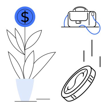 Bozuk para sembollü saksı bitkisi, kabloyla bağlanmış evrak çantası ve dökülen paralar. Mali büyüme, yatırım, ekonomi, iş stratejisi, tasarruflar, mali planlama, zenginlik için ideal