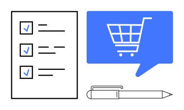 Mavi işaretli ve çizgili kontrol listesi, alışveriş arabası ikonlu mavi sohbet balonu ve kalem. E-ticaret, yapılacaklar listesi, alışveriş uygulamaları, görev yönetimi, çevrimiçi perakende satış, verimlilik için ideal