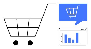 Alışveriş arabasının sembolü e-ticaret simgesi ve analitik çizelgesi olan mavi konuşma balonunun yanında. Çevrimiçi alışveriş, e-ticaret, iş stratejisi, dijital pazarlama, satış analizi için ideal