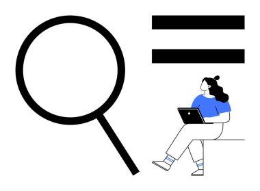 Büyük büyüteç ve eşit tabela altında dizüstü bilgisayarla oturan kişi. İş analizi, eşitlik, araştırma, eğitim, teknoloji, üretkenlik, çeşitlilik temaları için ideal. Satır metaforu