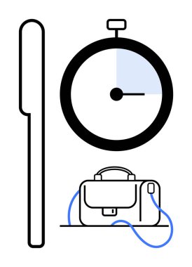 Kronometre, kalem ve evrak çantası organizasyon ve verimliliği simgeliyor. İş, eğitim, zaman yönetimi, planlama, verimlilik, iş hayatı dengesi ve verimlilik için idealdir. Satır metaforu