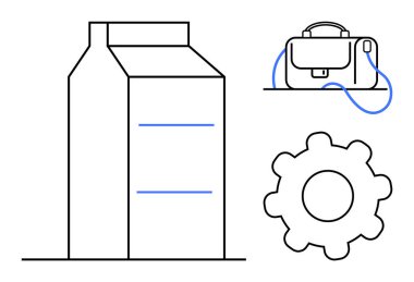 Evrak çantası, süt kutusu ve teçhizat sembolleri. İş stratejileri, ürün geliştirme, verimlilik tavsiyeleri, yenilik tartışmaları, kurumsal eğitim, tanıtım materyalleri için ideal