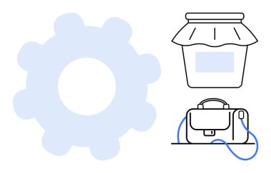 Vites sembolü, kapaklı kavanoz, saplı ve kayışlı çanta. İşletme, üretkenlik, ev yapımı ürünler, gıda koruma, ofis işi, teknoloji ve organizasyon temaları için ideal. Satır metaforu