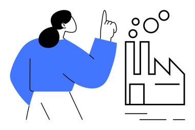 Mavi kazaklı kadın dumanlı minimalist bir fabrika ikonunu işaret ediyor. Sanayi, yenilik, sürdürülebilirlik, imalat, sanayi güvenliği, üretim ve çevre bilinci için ideal