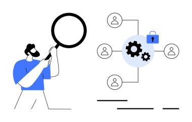 Elinde büyüteç tutan adam, takım üyeleri arasındaki veri bağlantılarını analiz ediyor. Dişliler ve güvenli kilitler tarafından temsil ediliyor. Takım çalışması, veri analizi, siber güvenlik, işbirliği ve proje için ideal