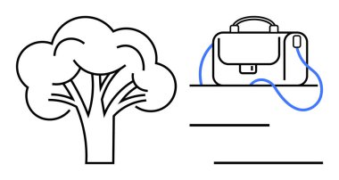 Two main elements a tree and a briefcase, connected by blue lines, suggesting a relationship. Ideal for eco-friendly initiatives, sustainable business practices, environmental awareness, corporate