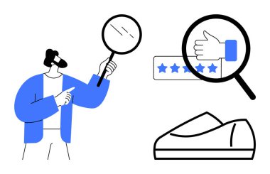 Elinde büyüteç tutan kişi, ürün değerlendirmesini başparmak, yıldız ve ayakkabıyla yapıyor. Kalite kontrol, müşteri geribildirimi, ürün değerlendirmeleri, çevrimiçi alışveriş, kullanıcı deneyimi için ideal