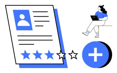 Profil belgesinde fotoğraf, satır, derecelendirme yıldızları dizüstü bilgisayar artı simge kullanıyor. Performans değerlendirmeleri, işe alım süreçleri, çalışan geribildirimi, İK yönetimi, çevrimiçi iş başvuruları için ideal