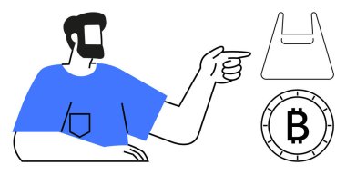 Mavi gömlekli adam alışveriş çantasına ve Bitcoin sembolüne işaret ediyor. Bu da e-ticarette kripto para kullanımı kavramını gösteriyor. Dijital para birimi, engelleme teknolojisi ve mali eğitim için ideal