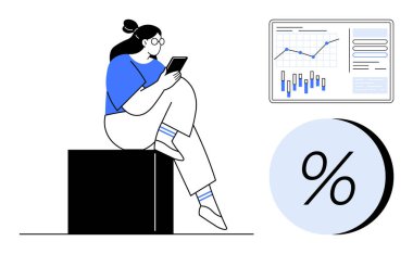 Siyah blokta oturan kadın tabletteki verilere bakıyor, çizgileri ve çizgileri olan gösterge tablosu çiziyor, büyük bir yüzdelik sembol. Mali raporlar, veri analizi, iş stratejisi, ekonomik eğilimler için ideal