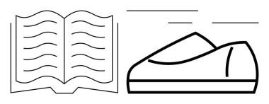 Eğimli çizgileri olan açık bir kitap, hareket çizgileri olan bir ayakkabı. Eğitim, spor, edebiyat, kütüphaneler, okuma kampanyaları, ayakkabılar, fitness için ideal. Satır metaforu