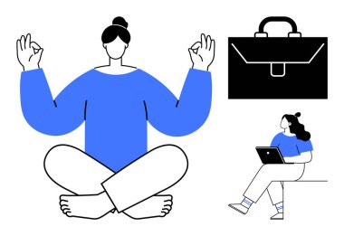 İş kadını oturma pozisyonunda meditasyon yapıyor, diğeri de yanında evrak çantasıyla dizüstü bilgisayarda çalışıyor. İş hayatı dengesi, farkındalık, uzak çalışma, kurumsal refah, üretkenlik, stres için ideal