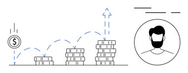 Yükselen bozuk para yığınına düşen bir bozuk para, yukarı doğru ok atarak finansal büyümeyi ve bir kullanıcı profili simgesini gösteriyor. Finans, yatırım, tasarruf, bankacılık, kişisel finans, finans için ideal