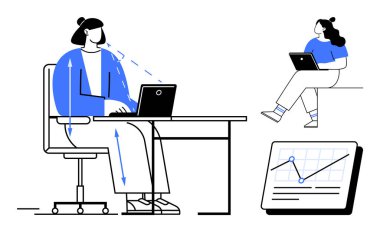 Masada dizüstü bilgisayarda çalışan bir adam, dizüstü bilgisayarda oturan bir kadın ve çizelge çizelgesi olan bir kadın. Uzak çalışma, üretkenlik, ofis ortamları, veri analizi, iş stratejileri, takım çalışması için ideal