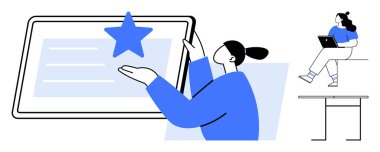 Geniş ekran ve yıldız simgesi ile etkileşimde olan bir kişi, sandalyede, masada tablet kullanan başka bir kişi. Teknoloji, eğitim, çevrimiçi öğrenme, dijital işbirliği, multimedya ve işyeri için ideal