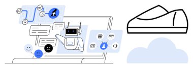 Laptop ekranında çeşitli iletişim simgeleriyle bir yapay zeka sohbet robotu arayüzü, bir sohbet akışı ve simgelerinin yanı sıra bir bulut depolama sembolü ve bir ayakkabının çizgi çizimi görülüyor. Teknoloji için ideal