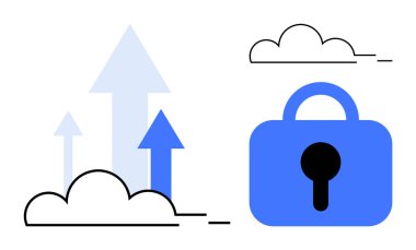 Bulutlardan yükselen oklar bulut hesaplama, veri güvenliği, büyüme, koruma ve teknolojik gelişim temalarını taşıyan bir kilit sembolü ile eşleştirildi. Sunumlar, raporlar, web siteleri için ideal