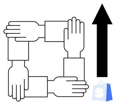 Dört el birlik ve takım çalışmasını simgeleyen bir kare oluştururken, yukarı doğru ok ve küçük alışveriş torbası ikonu ilerleme ve ticareti temsil ediyor. İş için ideal, işbirliği, büyüme, e-ticaret