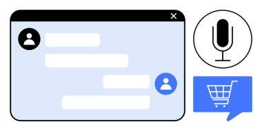 Kullanıcı simgelerine sahip sohbet penceresi, ses arama simgesi, sorunsuz müşteri desteği ve alışveriş için alışveriş arabası simgesi. E-ticaret, müşteri hizmetleri, online alışveriş, yapay zeka sohbet robotları, sanal