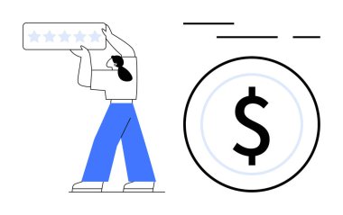 Yanında büyük dolar sembolü olan beş yıldızlı bir derecelendirme kurulu tutan kişi. İş, finans, müşteri değerlendirmeleri, yatırımlar, ekommerce, geribildirim ve pazarlama içeriği için idealdir. İniş afişi