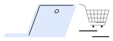 Bilgisayarı boş alışveriş arabasının yanında beyaz arkaplanda metni temsil eden satırlarla aç. Çevrimiçi alışveriş, e-ticaret, dijital pazarlama, internet satışları ve iş tanıtımı için ideal. Basit düz