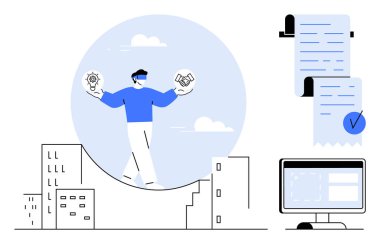 Sanal gerçeklik gözlüğü kullanan bir insan, elinde bir ampul ve yapboz parçasıyla şehir binalarının üzerindeki bir kirişin üzerinde dengede durur. Yakınlarda belgeler ve bir bilgisayar var. Teknoloji, yenilik ve iş için ideal