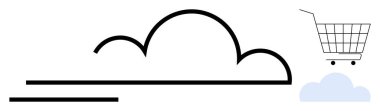 Bulut şekli ve alışveriş arabası çevrimiçi perakende ve depoyu çağrıştırıyor. E-ticaret, bulut hesaplama, çevrimiçi hizmetler, dijital pazarlama ve küresel ticaret temaları için ideal. Basit satır sanatı tarzı