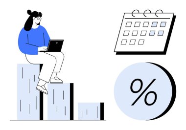Bar grafiğinde oturan bir kadın dizüstü bilgisayarla çalışıyor. Yakınlarda bir takvim ve yüzde işareti var. Finansal planlama, iş analizi, zamanlama, proje yönetimi, verimlilik araçları için ideal