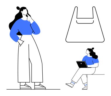 İki kadın farklı faaliyetlerde bulunurken biri düşünceli bir şekilde elinde telefonla dururken diğeri dizüstü bilgisayarla oturuyor. Bir alışveriş çantasının taslağı mevcut. E-ticaret için ideal, uzaktan çalışma
