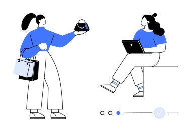 Başka bir kadın dizüstü bilgisayar kullanırken alışveriş çantaları ve çanta taşıyan bir kadın. Çevrimiçi alışveriş, e-ticaret, pazarlama, dijital etkileşim, perakende satış, tüketici davranışı, iş stratejisi için ideal. Çizgi