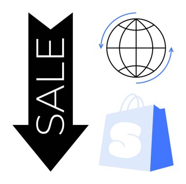 Large black arrow pointing down with SALE text, shopping bag with an S, and globe with rotating arrows. Ideal for global commerce, online shopping, discounts, retail promotions, and international clipart