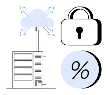 Okları, asma kilidi ve yüzdelik sembolü olan bulut depolama sunucusu. Veri yönetimi, depolama çözümleri, siber güvenlik, bilgi teknolojisi, ağ güvenliği, bulut hesaplaması ve İnternet için ideal