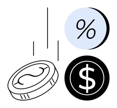 İçinde para sembolü olan sikke, düşen çizgiler, açık mavi dairede yüzde simgesi, siyah çemberde dolar işareti simgesi. Finans, yatırım, tasarruf, bankacılık, ekonomi, faiz oranları, para birimi için ideal