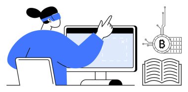 Sanal gerçeklik kulaklığı takan kişi verileri gösteren bir bilgisayar ekranı ile etkileşime geçiyor. Devrelere bağlı bir bitcoin sembolü ve açık bir kitap görülebilir. Teknoloji için ideal, engelleme zinciri