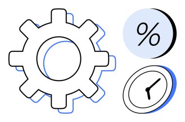 Dolar işareti, yüzde işareti ve saat simgesi olan vites. İş verimliliği, mali yönetim, üretkenlik, zaman yönetimi, işlemler, performans ölçümleri, stratejik