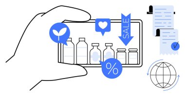 Bir el, çeşitli ürün şişelerini satış, beğeni ve çevre dostu simgelerle gösteren bir akıllı telefon tutuyor. Belgeler ve bir küre çevrimiçi işlemler ve küresel erişime işaret ediyor. İdeal