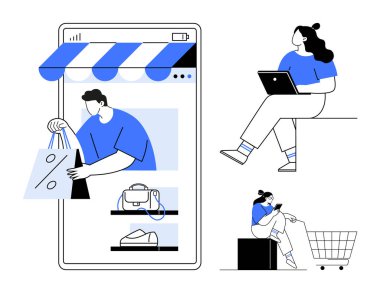 Cep telefonundan çıkan alışveriş çantaları tutan bir adam dizüstü bilgisayarı olan bir kadın ve akıllı telefondan satın alan bir kadın. E-ticaret, çevrimiçi alışveriş, mobil uygulamalar, dijital pazarlama, tüketici davranışı için ideal