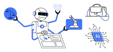 Birden fazla kolu olan çok işlevli robot yasal, sağlık ve otomasyon görevleriyle meşgul, evrak çantası taşıyor ve yapay zekaya odaklanıyor. Teknoloji, otomasyon, yapay zeka, hukuki teknoloji, sağlık teknolojisi için ideal.