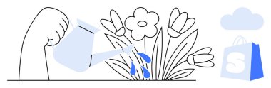 Sulama kabını tutan bir el, yanında bir bulut ve alışveriş torbası ile çiçek yetiştirir. Büyüme, doğa, yetiştirme, sürdürülebilirlik ve alışveriş konuları için idealdir. Basit vektör tasarımı