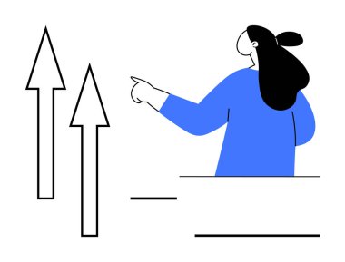 Yukarıya bakan kişi, gelişmeyi ve ilerlemeyi gösteren okları işaret ediyor. Ticari motivasyon, kişisel kalkınma, finansal büyüme, başarı ve hedef belirleme kavramları için idealdir. Basit vektör biçimi