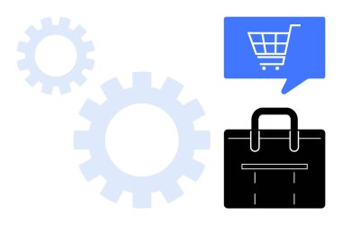 Sohbet balonunda mavi alışveriş arabası, siyah evrak çantası ve açık mavi vitesler. E-ticaret, ticaret, alışveriş, çevrimiçi iletişim, mühendislik, iş akışı süreçleri, profesyonel hizmetler için idealdir. Çizgi