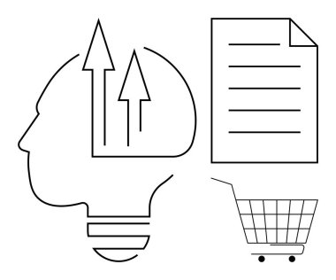Oklu bir kafa, kağıt bir belge ve alışveriş arabasının taslağı. İş için ideal, strateji, eğitim, alışveriş, pazarlama. Minimalist stil