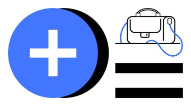 Siyah gölgeli mavi artı işareti, mavi askılı çanta ve iki siyah çizgi. İş, sağlık, verimlilik, iş hayatı dengesi, organizasyon, mesleki büyüme, sağlık için idealdir. Çizgi