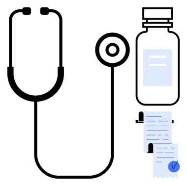 Siyah steteskop, ilaç şişesi ve reçete. Tıbbi temalar, sağlık hizmetleri, eczane, doktor aletleri ve hasta bakım çizimleri için ideal. Basit ve temiz vektör biçimi