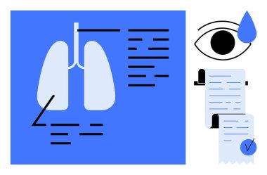 Akciğerlerin siyah çizgileri ve metni olan mavi ve beyaz grafikleri. Mavi bir gözyaşı ile çizilmiş siyah göz. Metin ve işaretli makbuz kağıdı. Tıbbi, teşhis ve sağlık hizmetleri için ideal
