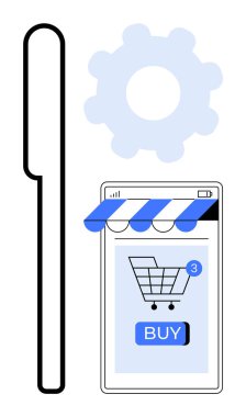 Alışveriş arabalı ve satın alma düğmeli cep telefonu ekranı, bir vites simgesi ve bir kalemin yan görüntüsünün yanında. Alışveriş, e-ticaret, teknoloji, online işlemler ve dijital pazarlama için ideal. Basit.