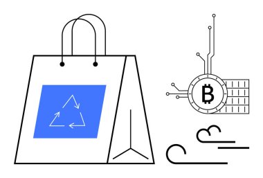 Shopping bag with recycling symbol along with bitcoin icon and abstract lines. Ideal for e-commerce, sustainability, digital currency, environmental awareness, and green shopping. Minimalist modern clipart