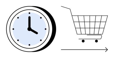 Beyaz arka planda bir alışveriş arabasının yanında bir saat. Zaman yönetimi, alışveriş verimliliği, online alışveriş, e-ticaret, müşteri hizmetleri için ideal. Temiz asgari tasarım