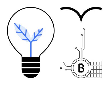 İçinde bitki bulunan ampul, soyut kuş şekli ve devreli Bitcoin sembolü. Teknoloji için ideal, sürdürülebilirlik, yenilik, finans, engelleme zinciri. Modern, minimalist, temiz